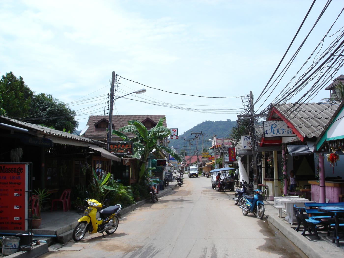 Lamai's main road, Koh Samui, with shops, a 7-Eleven and low buildings rather than a club strip