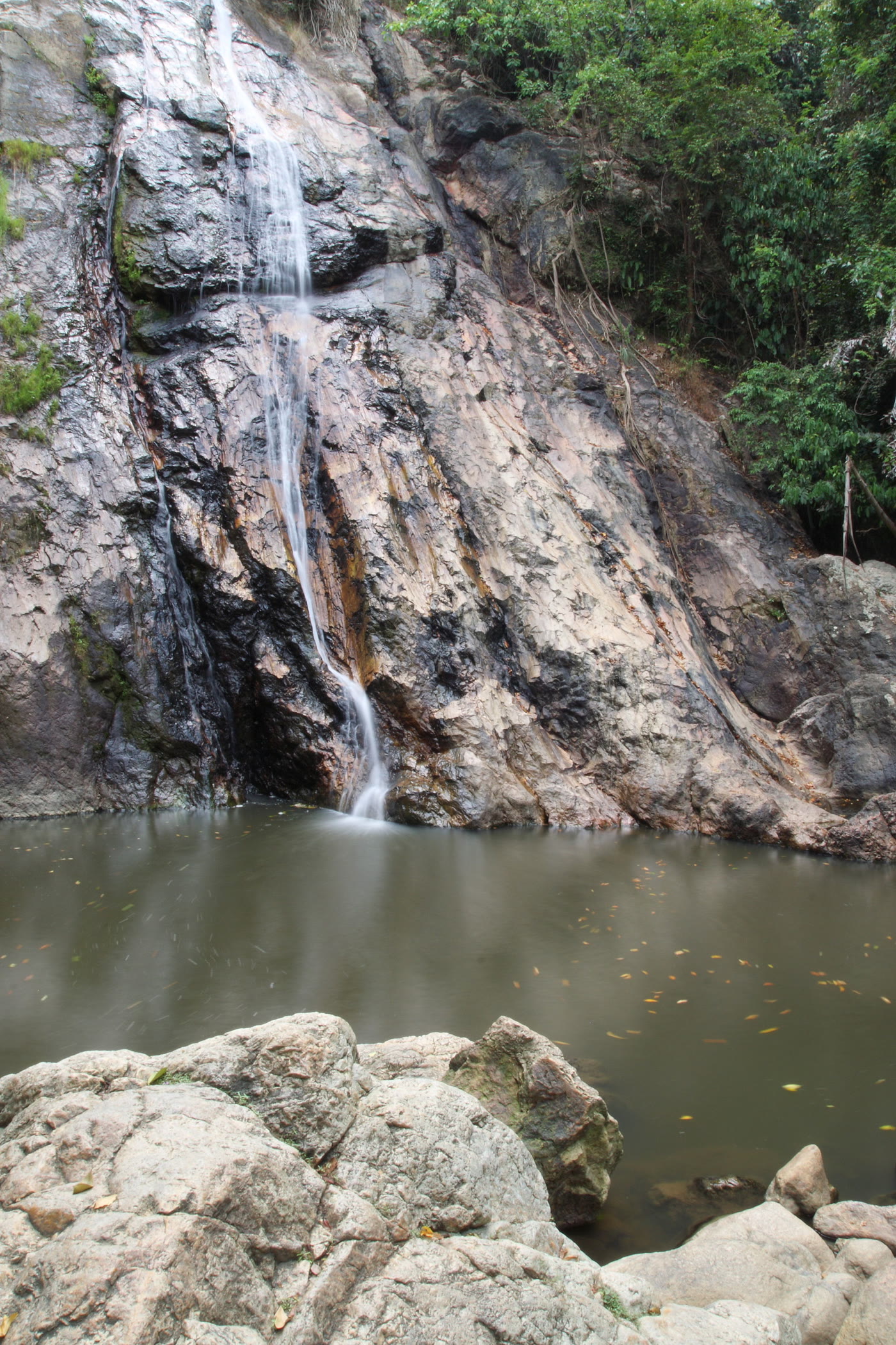 Na Muang waterfall on Koh Samui, with white water falling into a green pool in the forest