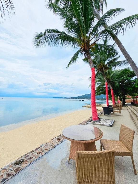 Beach Republic shoreline with white daybeds under wooden umbrellas and the gulf beyond