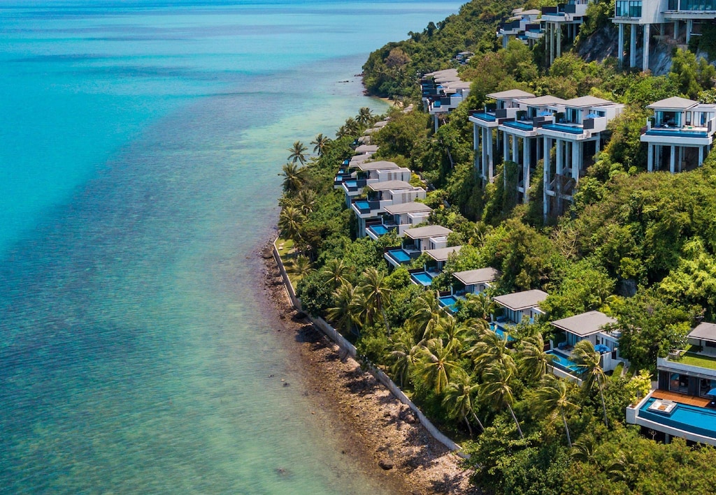Conrad Koh Samui villa terrace with a private pool looking over the Gulf of Thailand toward the Five Islands